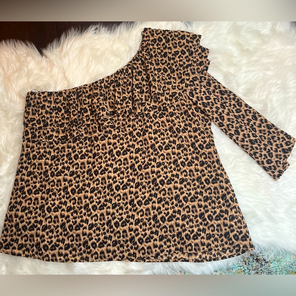 🆕 NWT Oddy size 1X one sleeve leopard ruffle top